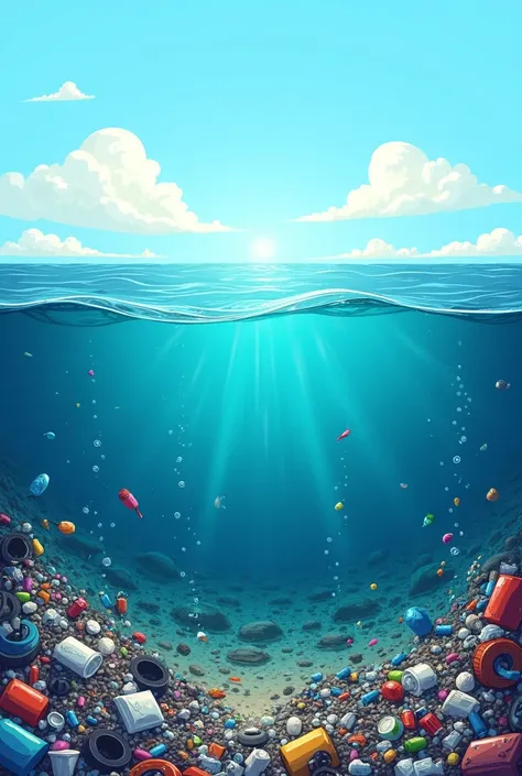 make a colorful poster, where in the sea, the sky is clean and blue while under the ocean is super super duper dirty  trash , make it cartoonish