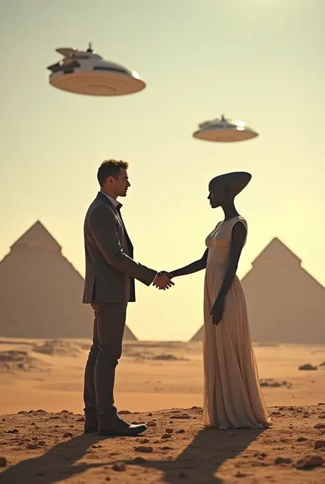 Generate an image of a person and an alien shaking hands and in the background the three pyramids of Egypt with ships above them, now in horizontal format 16:9