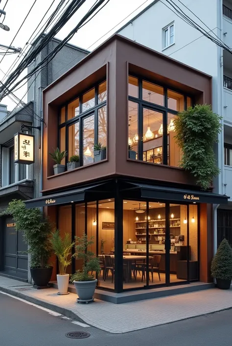 Cafeteria, Pop culture themed cafe, day, Quiet atmosphere, Korea, small windows, ciudad Koreana, entrance from the street, city facade, without people, wide facade, Corner, large windows, brown facade with black frames . ultra real photo, side angle