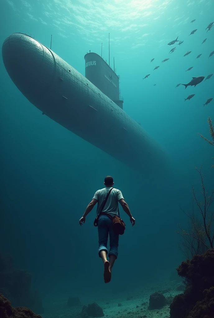 Generate an image of a man with a gray shirt and blue pants, barefoot with a brown bag around his waist diving into the sea, where he tries to reach a large submarine with the word written on its side"Nautilus". The submarine must be at the bottom of the o...