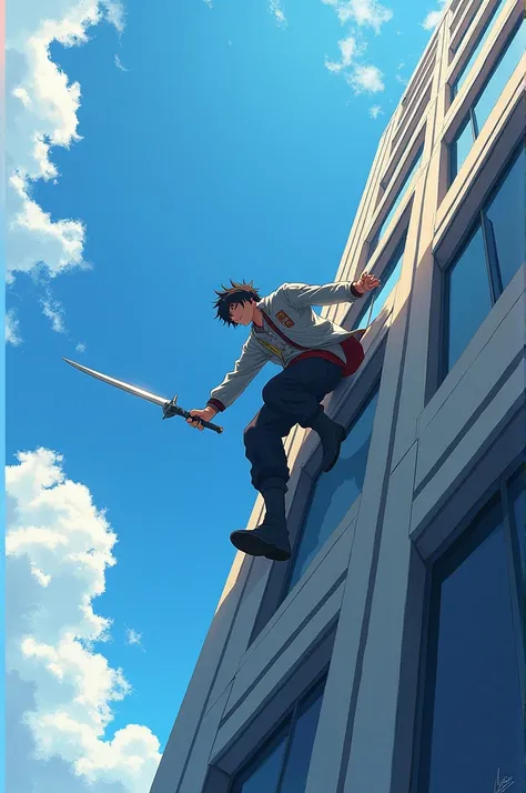 An anime character with a sword in his hand climbing with his feet in the middle of a building. With perspective above the sky