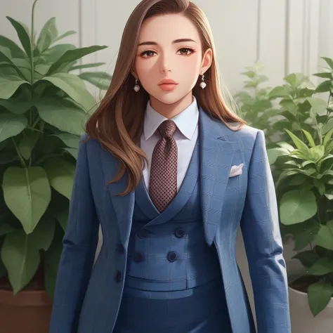 score_9, score_8_up, score_7_up, source_anime, hi res, masterpiece, best quality, highres, three-piece suit, 1girl, jewelry, formal, brown eyes, long hair, earrings, suit, lips, looking at viewer, white shirt, brown hair, buttons, plant, striped, necktie, ...