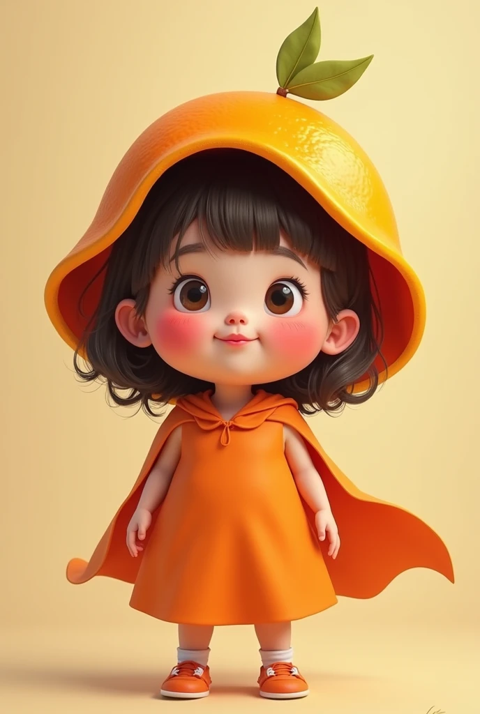  A little chubby girl with pink superhero lips in an orange dress with a hat shaped like an orange peel