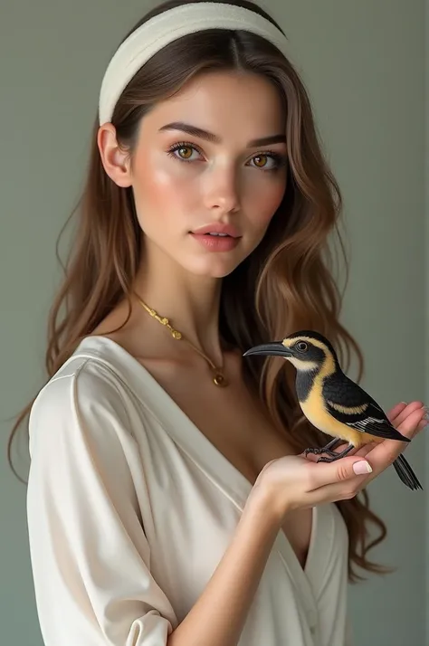 A hot girl with the following description holding a tiny hornbill bird in her hand:
1. Hair: Length: upto her boobs color: light brown, style: straight
2. eyes:light Brown/hazel brown, round-almond shape
3. Nose, straight and upturned slightly 
4.Lips: Ros...