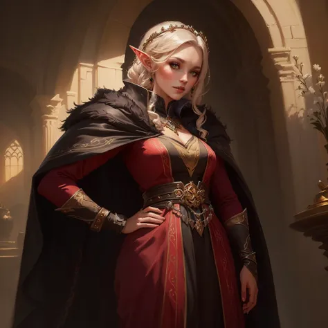 a painting of a woman in a red dress and a black cape, portrait of a female mage, beautiful character painting, mother of witchers, stunning character art, epic exquisite character art, character portrait art, fantasy concept art portrait, inspired by seni...