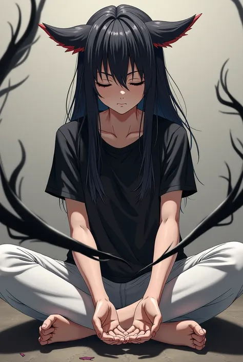 Akeno Himejima concentrated creating black rays in her palms, sitting with her legs crossed.
He is wearing a black t-shirt and white pants..
His eyes are closed and his face shows the effort he is making..
Her hand would be holding the other one forming a ...