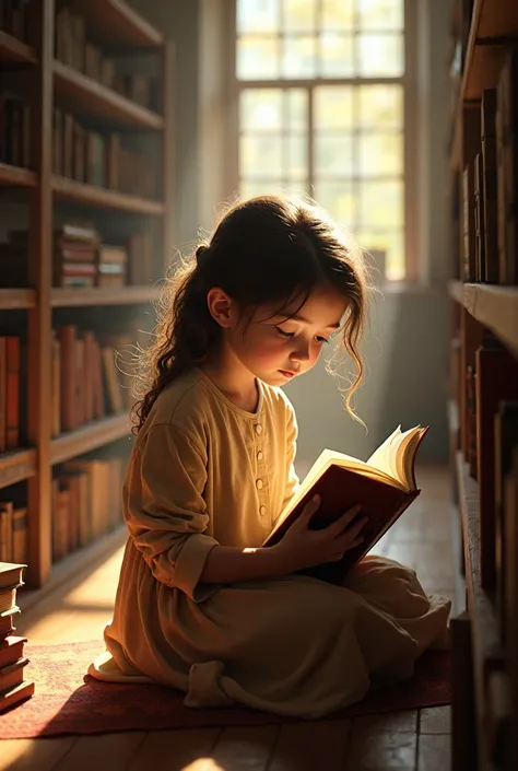 Girl kid reading a book in the library
