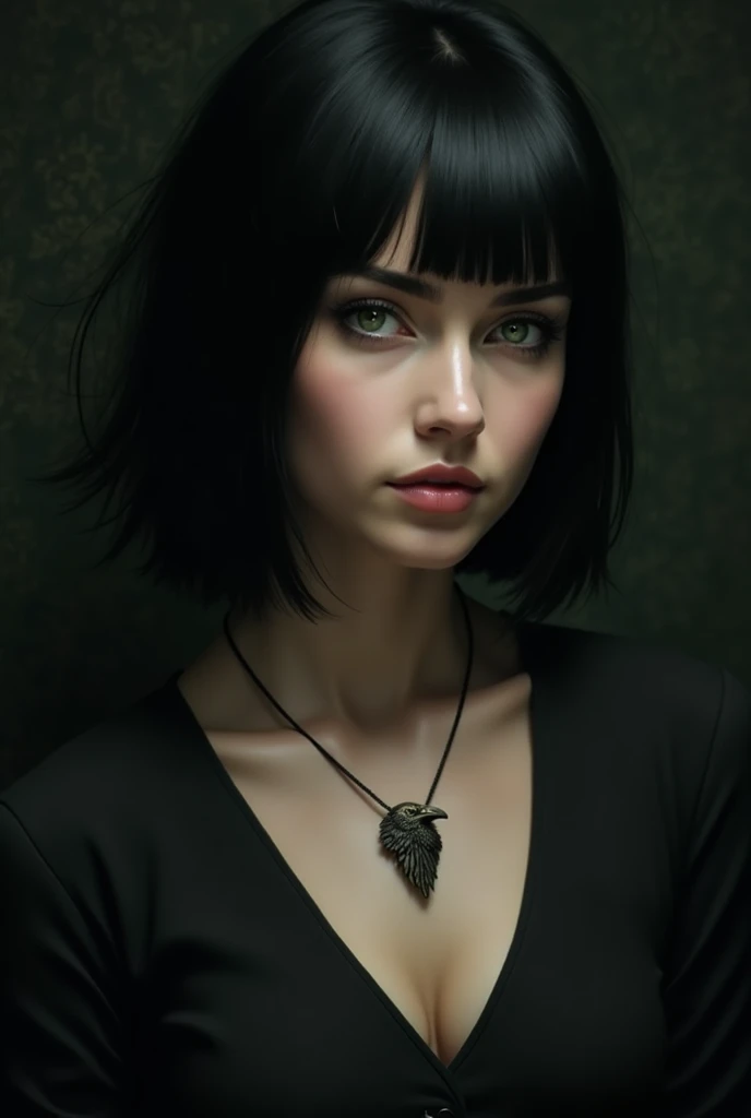 Woman, black hair, bob cut, raven necklace, green eyes, dark clothes