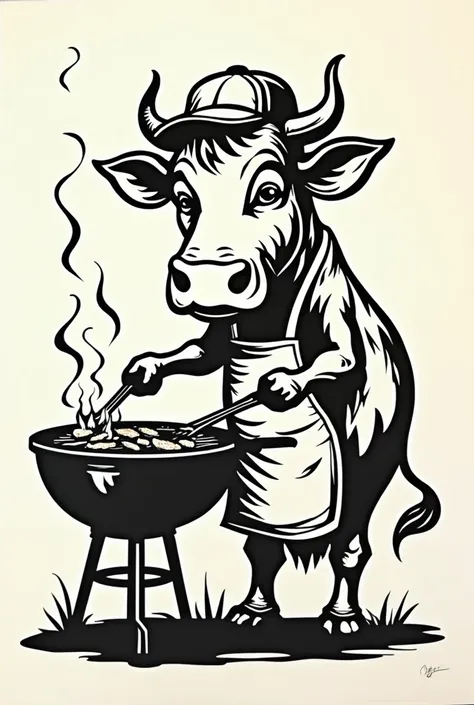 Stencil drawing of a cow with a SnapBack hat cooking on a grill