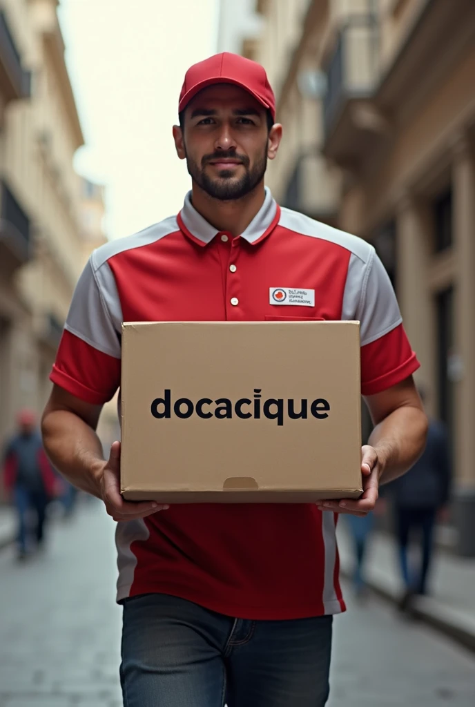 1 man carrying a box with DOCACIQUE written on it,in red and white uniform on a street