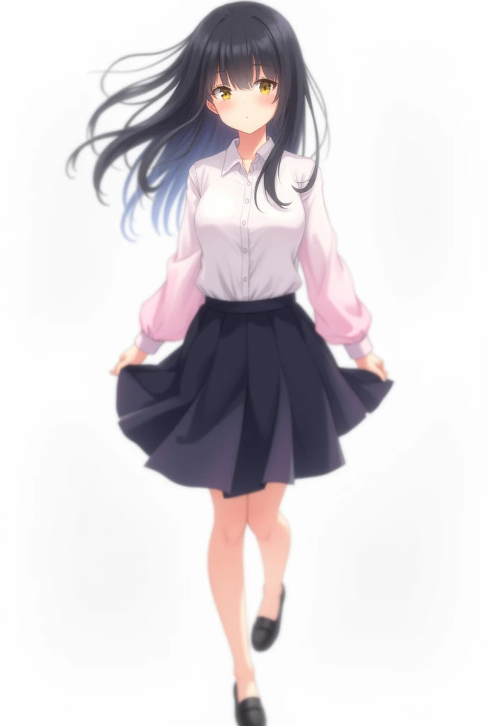 Create a full body female anime character with black hair white shirt with pink sleeves and blue black skirt and black shoes and white background 