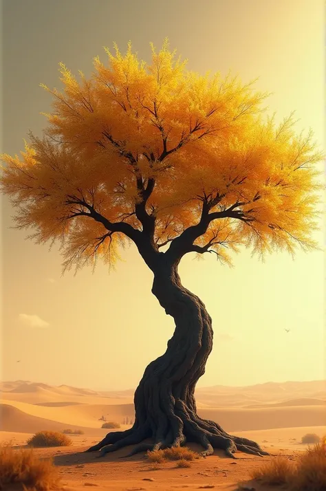 A tree with a black trunk and golden leaves in the desert