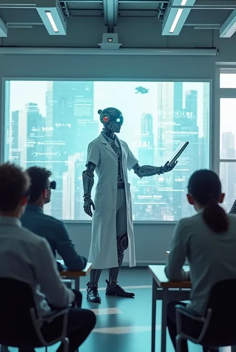 a cyborg teacher with mechanical arm, bionic eye, wearing white lab coat, holding holographic tablet, standing in front of interactive digital whiteboard, showing complex graphics and formulas, teaching students with augmented reality headsets and smart br...