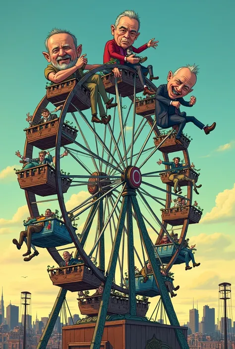 make a cartoon WITHOUT DETAILS of all the politicians who participated in corruption in Brazil sitting on a Ferris wheel 