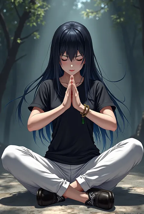 Akeno Himejima concentrated creating black rays in her palms, sitting with her legs crossed.
He is wearing a black t-shirt and white pants..
His eyes are closed and his face shows the effort he is making..
Her hand would be holding the other one forming a ...