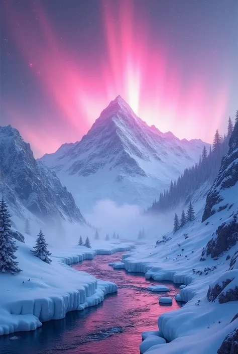 Pink aurora in white snow, snow mountain,river,snowstorm,colorful stars twinkling, Unreal Engine, 8K HD, HD. --ar 9:16  