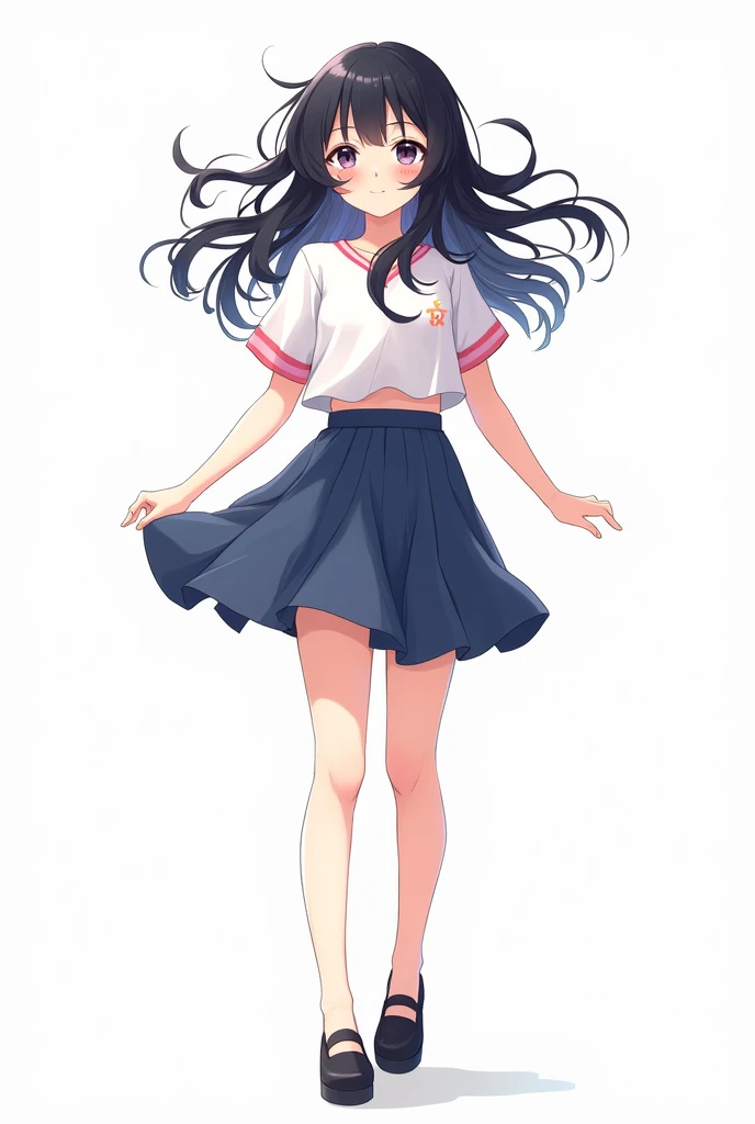 Create a female anime character with black hair, a white and pink shirt, a blue-black skirt, black shoes and a white background. 