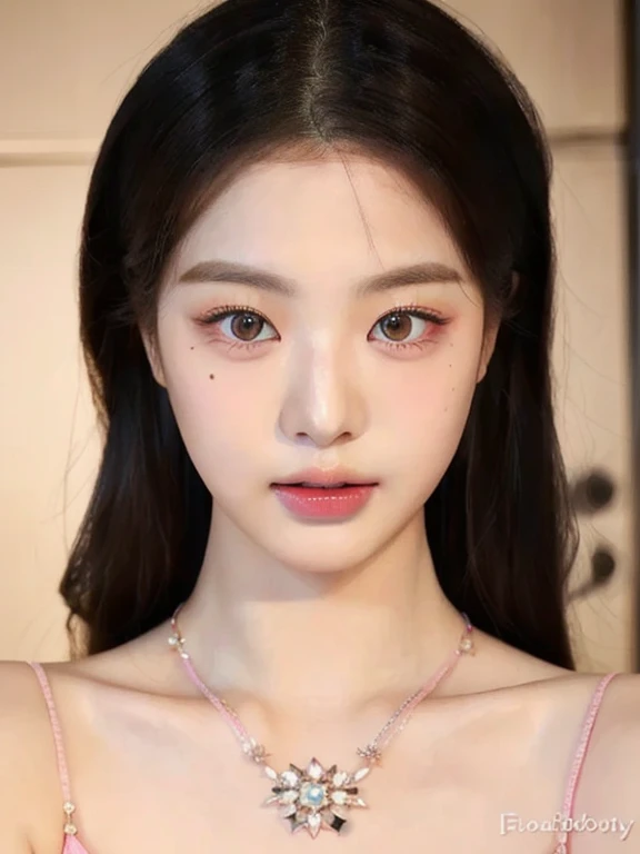 a close up of a woman wearing a necklace and a dress and pink eyes, popular south korean makeup, popular korean makeup, young adorable korean face, korean face features, wan adorable korean face, beautiful south korean woman, beautiful aesthetic face, sout...