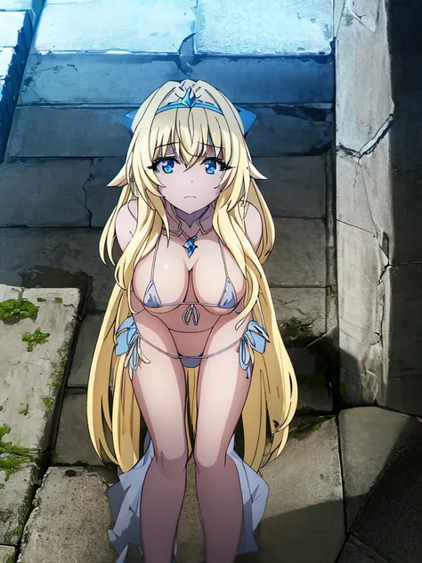 solo, priestess_goblinslayer, blonde hair, Blue eyes, long hair, hair between eyes,, empty eyes, 15years old, large breasts,  sea, Abandoned Church, frozen crying, (1girl),, (Micro bikini:1.4)