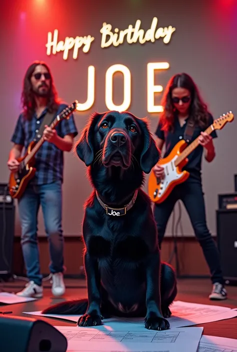 make an image with a rock band in the background, with the monthly fee "Happy Birthday Andressa" and an accounting theme because she is an accountant. Include a black Golden Retriever dog in the image with a collar that says "Joe"