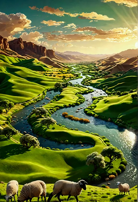 a lush oasis in the desert, vast green fields, rolling hills, sheep grazing, flowing streams, detailed landscape, intricate foliage, photorealistic, cinematic lighting, warm tones, dramatic shadows, 8k, high quality, masterpiece, digital art