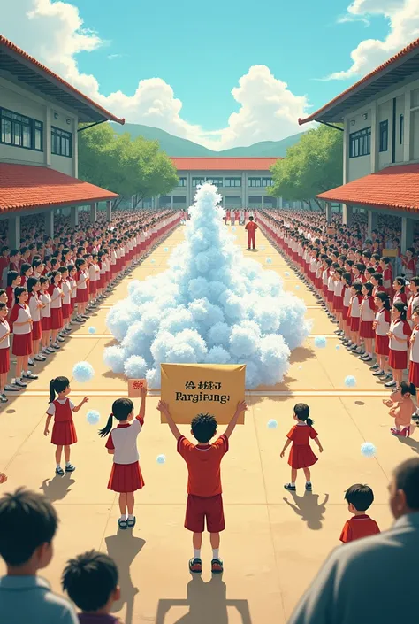 There is a first grade sports meeting，On the playground，，有50 people，显示50 people的方队，显示50 people，50 people，Parade in order to be inspected，A boy in front holds a sign，The sign says Baotu Spring，Below is the first grade twelve class。Four other stations，，Two c...