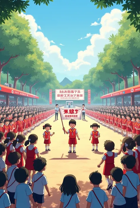 There is a first grade sports meeting，On the playground，，有50 people，显示50 people的方队，显示50 people，50 people，Parade in order to be inspected，A boy in front holds a sign，The sign says Baotu Spring，Below is the first grade twelve class。Four other stations，，Two c...