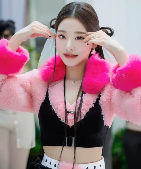 araffe wearing a pink top and black pants with pink pom poms, ruan jia beautiful!, belle delphine, with black pigtails, sha xi, jossi of blackpink, full body xianxia, wan adorable korean face, xintong chen, xision wu, li zixin, cai xukun, sun yunjoo, trend...