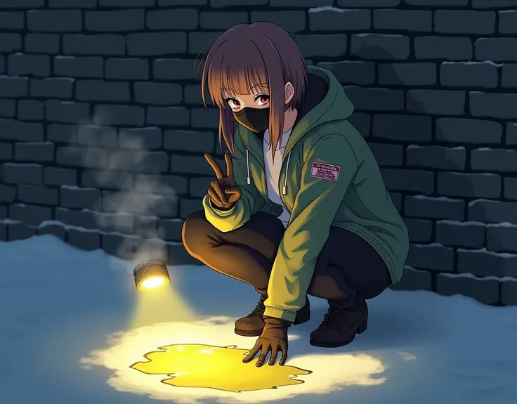 beautiful, anime drawing, woman, wearing black surgical mask, brown hair, squatting down, very short hair, winter, winter clothes, detailed, nighttime, puddle of steaming yellow liquid nearby, shining flashlight onto liquid with one hand, v sign with other...