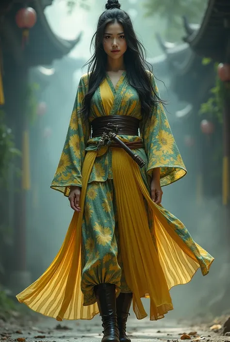 a beautiful female samurai warrior in baggy patiala pants, highly pleated harem pants, soft fabric shiny harem pants, thin pleats on harem pants, yellow green blue prints on harem pants, kimono top, high boots, long hair, slim figure, looking at viewer, (b...