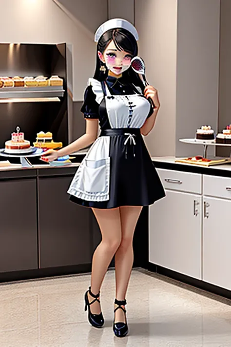 create an image of a beautiful woman working in a bakery, making cakes, full of cake frosting on their face body, in the kitchen with all the utensils to make the dough and fillings, full body, Formosa, attractive, big breasts, embroidered apron, black ski...