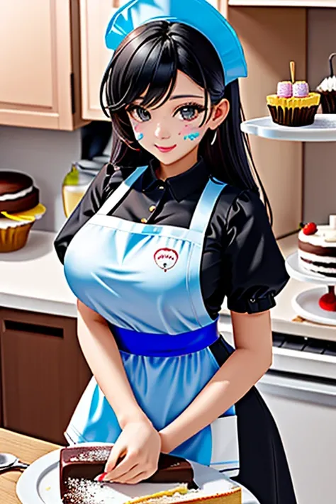 create an image of a beautiful woman working in a bakery, making cakes, full of cake frosting on their face body, in the kitchen with all the utensils to make the dough and fillings, full body, Formosa, attractive, big breasts, embroidered apron, black ski...