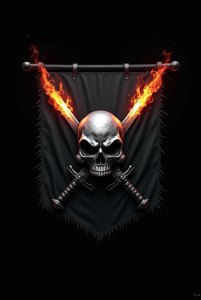 Make a logo for flag with a black background in front of a silver skull , Behind it there are 2 cross short sword with flame