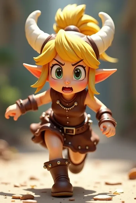 cgi , toon, bowsette white curved up horns on her head, hair tight ponytail, dressed as a new Adveturer in leather armor  front facing scared running forward in a comedic scared fasion over overexaggerate 