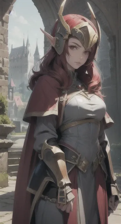 Young and sophisticated elf, long red hair, red eyes, knight, model, castle guardian, castle armor, helmet,