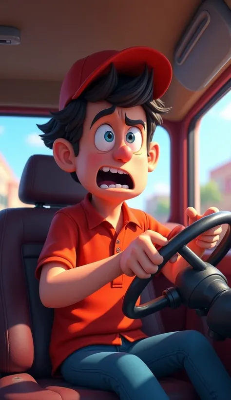 Scared delivery driver inside the car Pixar-style drawing.