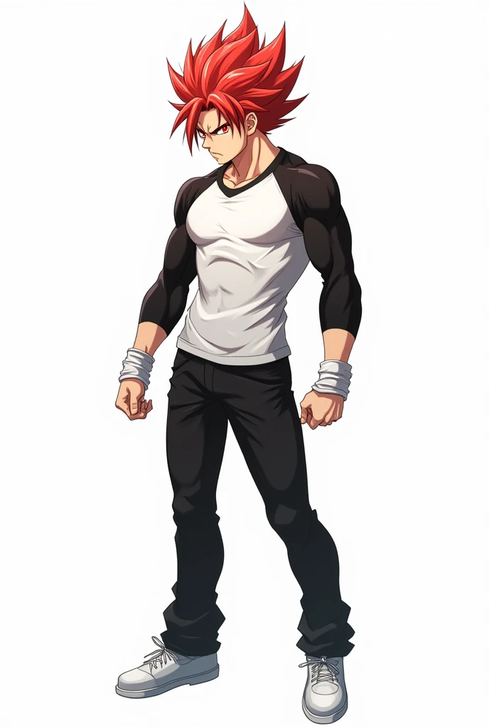 Create a male anime character with spiky red hair red eyes white tight shirt with black sleeves and white bands on the wrists and black pants and white shoes and white background 