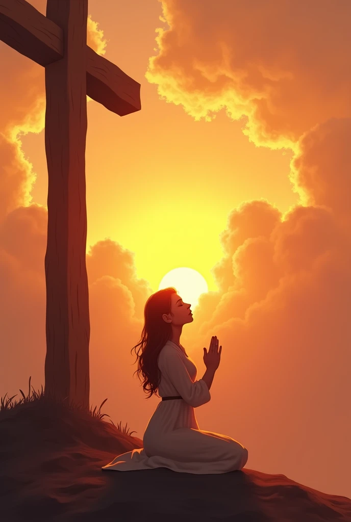 Woman praying sunset cross bright clouds 