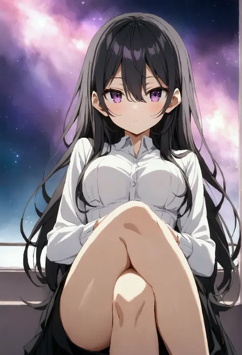 best quality　masterpiece　black hair 　long hair　shyness rosider　kimishima ayano medium breasts purple eyes　crossing legs　　nebula