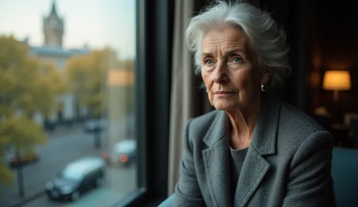 A 6 white woman with elegantly coiffed silver hair and piercing light blue eyes in close-up is sitting by a large window in a luxurious, modern London apartment. Shes wearing a well-tailored gray blazer over a soft cashmere sweater, her expression pensive ...