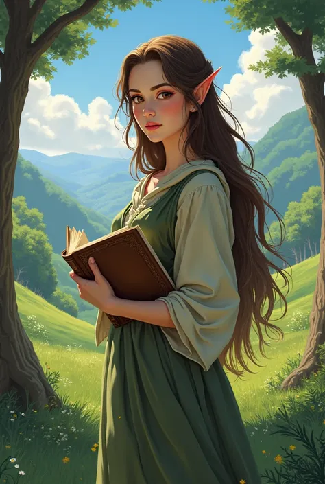 A young half-elf with long, brown hair and dark brown eyes in anime style. She wears her hair in a side parting. She has magical powers. She has a quiet, introverted, sensitive and emotional personality (INFJ). She likes to read. She comes from the world o...