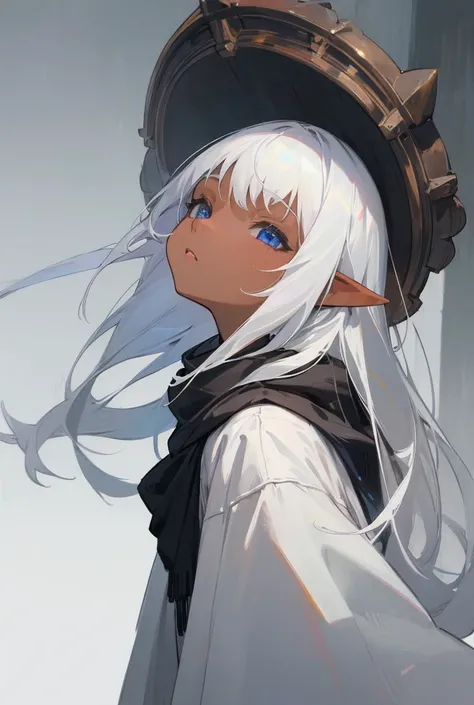 best quality, (wide shot), CGSsociety, 8K, ultra-realistic, masterpiece, child dark elf, white hair, blue eyes, white clothes, black scarf, looking up, upper body, lock of hair, dark skin, straight and loose hair