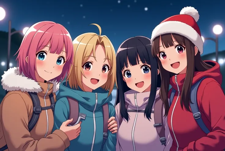 highest quality, masterpiece, ultra high resolution, (realistic:1.4), Raw photo, ((Four members of Japan&#39;s most popular idol group have fun at a ski resort late at night.)) ((One of them is、pink short cut hair、Has the sexiest face like the most famous ...