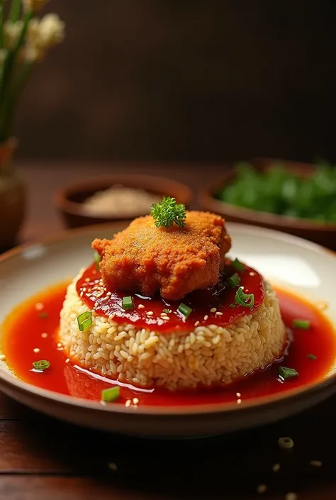 simple chaufa rice with only a piece of fried chicken on red sauce in an asian restaurant
