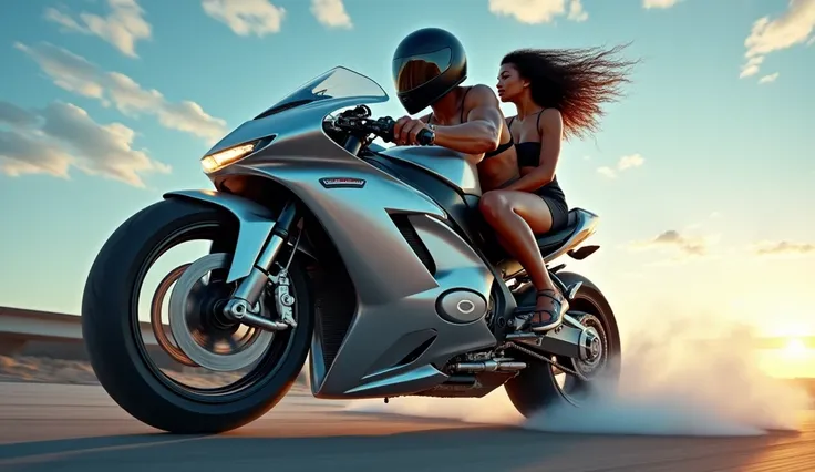 sports Man in black helmet on silver sports motorbike together wtith black skin woman looks like a surfer, curvy shape sport body type, cutvy hairstyle riding on silver sports motorbike