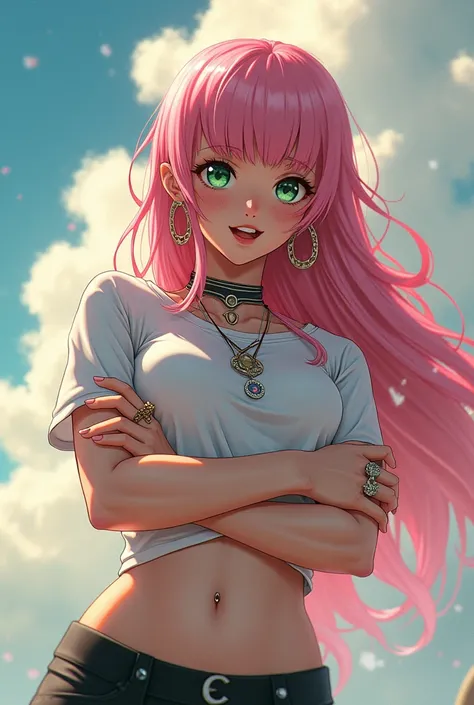 Screenshot of My hero academia: A very beautiful girl who seems to have the beauty of a divine Greek goddess, very beautiful, with very long beautiful pink hair and very beautiful green eyes, she wore necklaces. and many earrings... navel piercing. with cr...