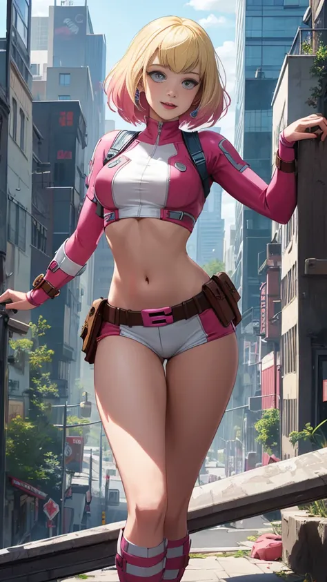 (Highly quality, masterpiece, detailed), city detailed scenario, city detailed background, solo, gwenpool, blonde hair, multi colored hair, 1woman, crop top, two-tone, navel, happy, perfect face, beautiful eyes, look at the viewer, Sexy pose