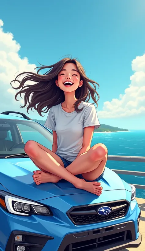 Wearing a T-shirt、Hair blowing in the wind、(Subaru Impreza), (((Woman sitting on the bonnet of a car:1.4)))、Big smile、joy、happiness、Observation deck by the sea、Cartoon style illustration、