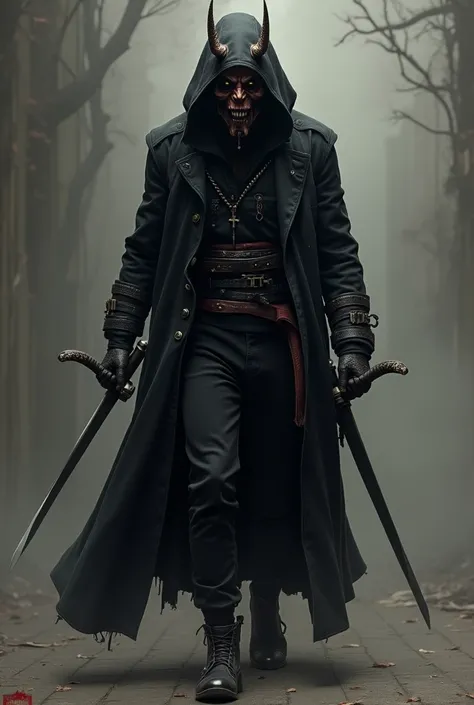 An assassin with two hidden swords, black hooded coat, Demon Mask and titled "Chigau-Two/Gamings"