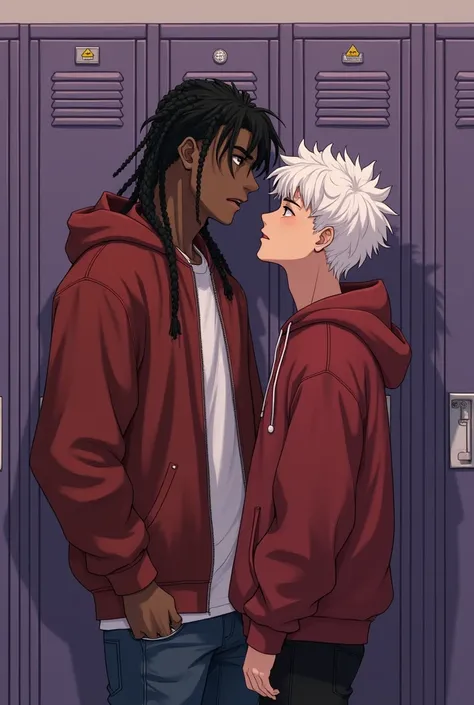 Two young men in their 20s staring at each other with a seductive look in front of a purple school locker. One being dark, tall and with braids,  he wore a marsala jacket and the other short man, white and curly hair, also with a marsala sweatshirt. Yaoi a...